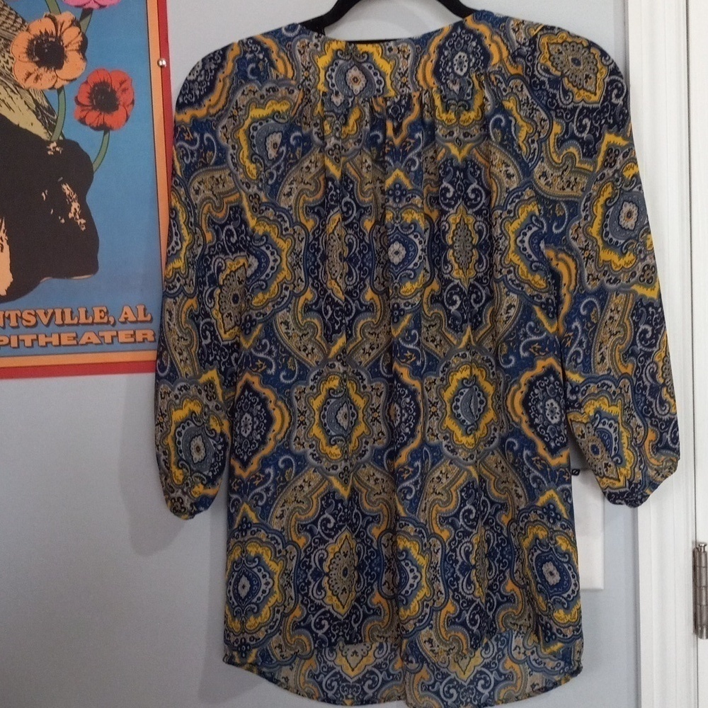 Ann Taylor Navy Mustard Yellow Paisley Boho Blouse Petite Small - Picture 12 of 13